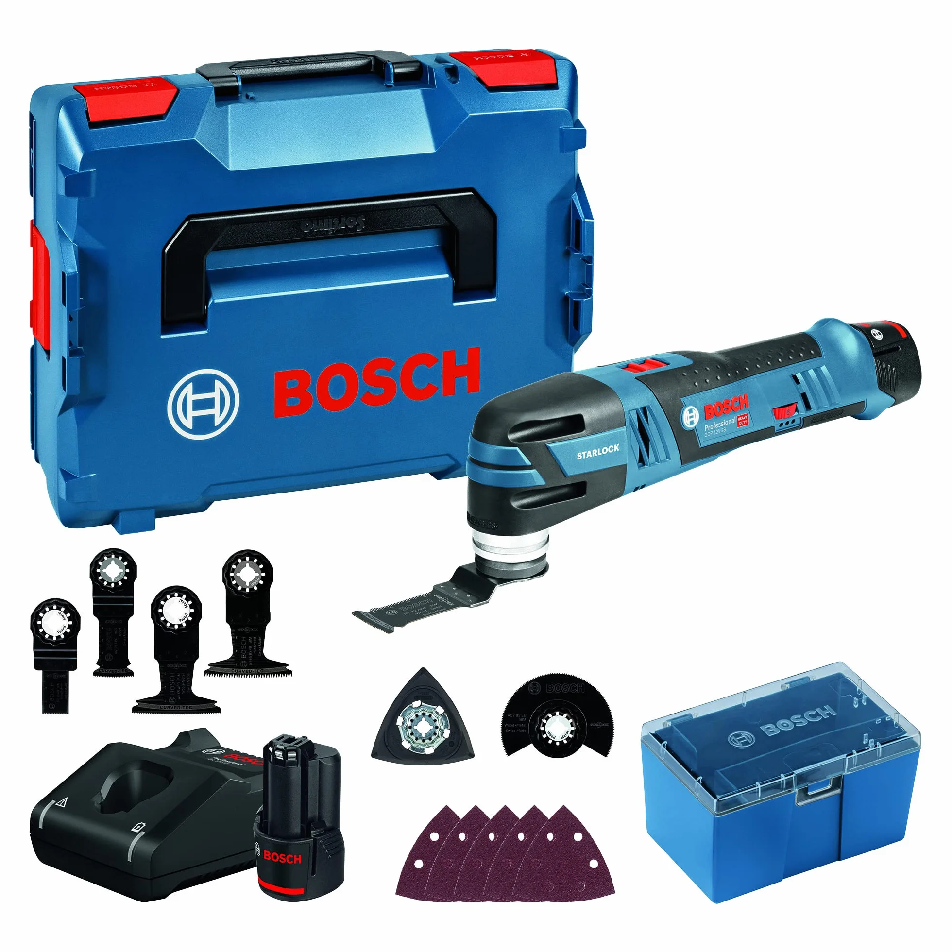 Bosch Professional system 12V: akumulatorowe narzędzie wielofunkcyjne GOP 12V-28 (2 akumulatory GBA 12V 3.0Ah, szybka ładowarka GAL 1230 CV, walizka L-BOXX, 6 brzeszczotów)