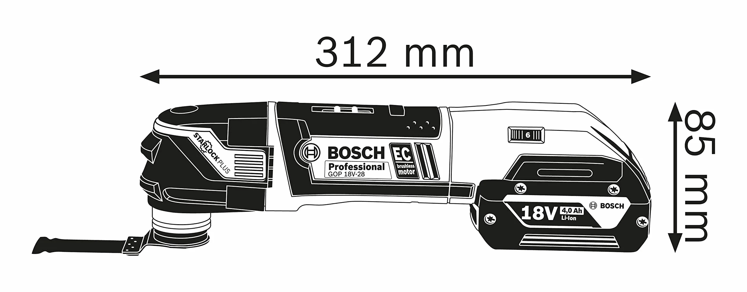 Bosch Professional system 12V: akumulatorowe narzędzie wielofunkcyjne GOP 12V-28 (2 akumulatory GBA 12V 3.0Ah, szybka ładowarka GAL 1230 CV, walizka L-BOXX, 6 brzeszczotów)