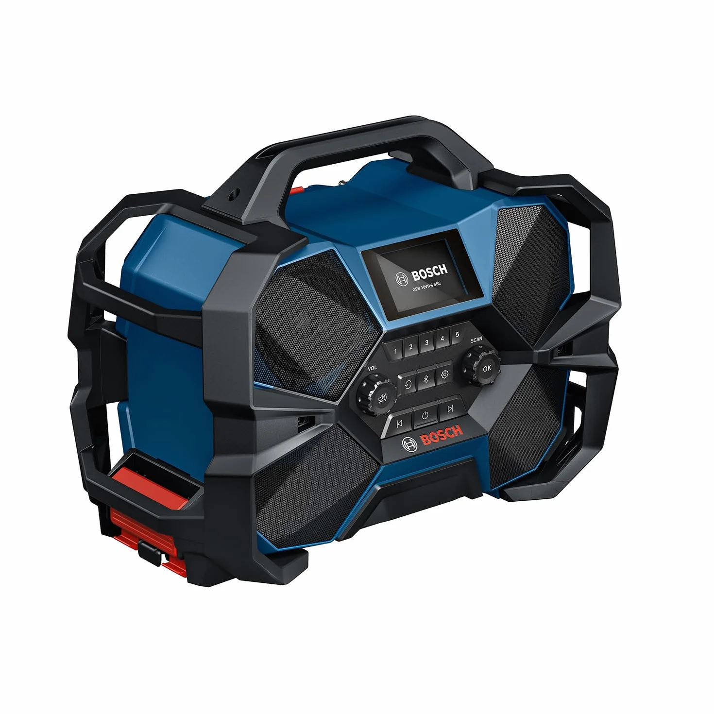 Bosch Professional 18 V / 12 V firmy Bosch: akum. radio budowlane GPB 18VH-6 SRC (ładowanie akum. 18 V i 12 V w narzędziu, otwieracz do butelek, 2 baterie AAA, folia ochr. na ekran, bez akum./ład.)